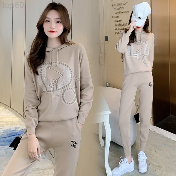 

two piece dress designer 2021 autumn new heavy industry diamond inlaid leisure temperament fashion personalized hooded two-piece set looks t, White