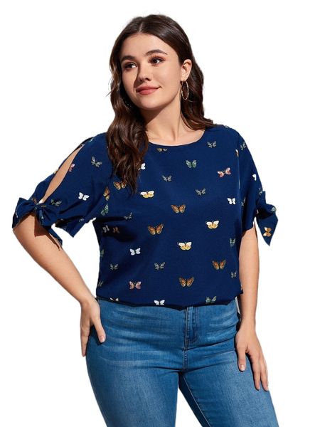 

plus allover butterfly print knot cuff blouse w1qp#, Black