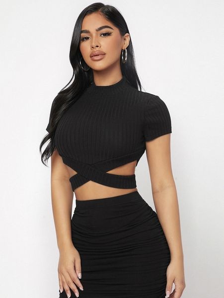 

petite criss cross rib knit t-shirt k7ft#, White