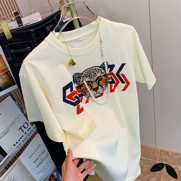 T-shirt de camiseta feminina Pullover de algodão e tingimento da marca Tigre moda Tigre tigre Mulheres brancas de manga curta