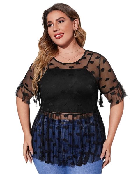 

plus heart print mesh without cami y6gb#, Black