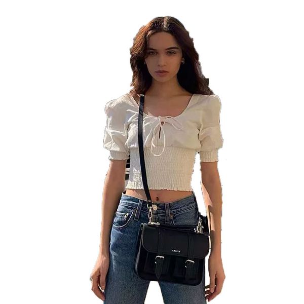 

women's t-shirt short sleeve slim fitness bow lace up girls t shirt pleated navel bare cropped tees solid casual clothing, White