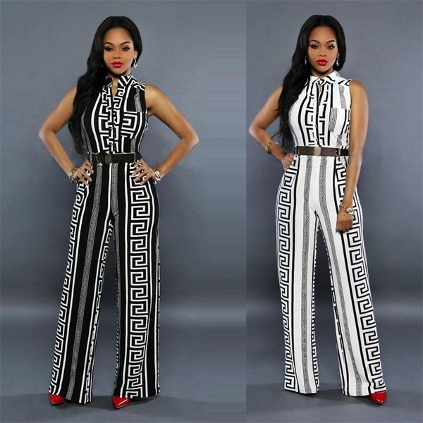 

women vneck geometric print sleeveless jumpsuit long pants summer female elegant rompers playsuit overalls for women xxl 220713, Black;white