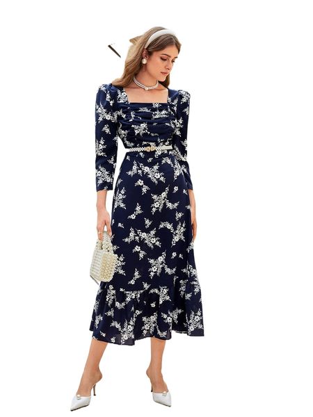 

floral print ruched bust ruffle hem dress without belt s4ux#, Black;gray