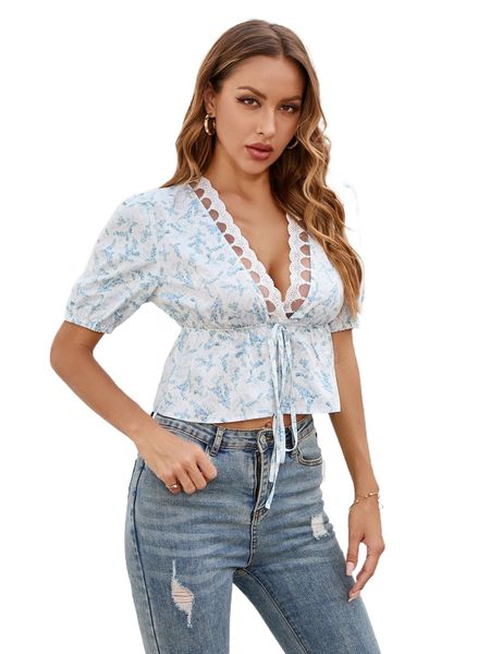

ditsy floral tie front puff sleeve plunge neck lace detail blouse w5zb#, White