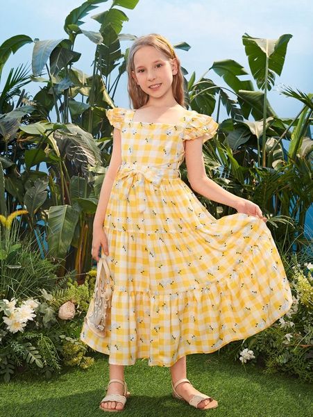 

girls gingham & floral print & ruffle hem belted skirt she, White