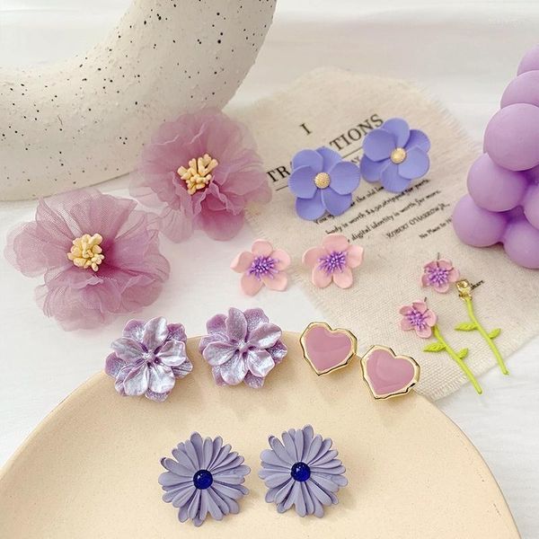 Ciondola il lampadario Summer Fairy Purple Resin Yarn Flower Orecchini per le donne Girl Metal Arcylic Heart Big Drop Holiday JewelryDangle Odet22