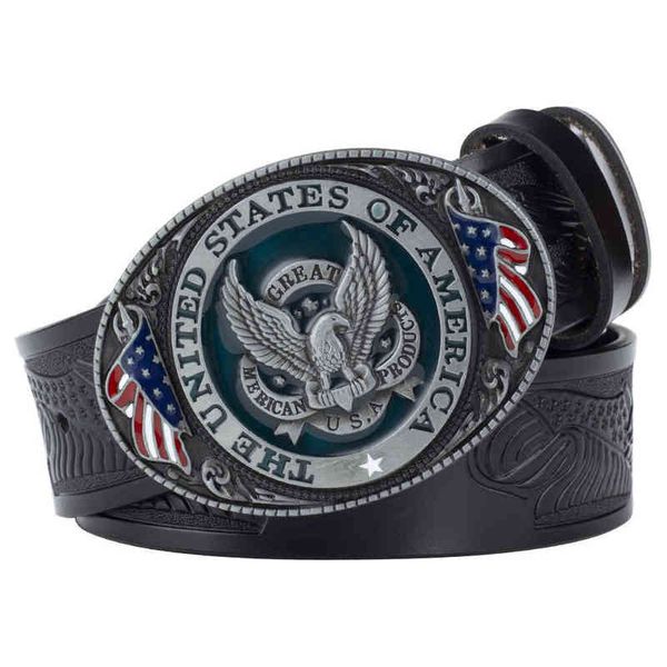 

a eagle embossed cow leather belt men's style two-layer leather belt smooth buckle large head belt, Black;brown