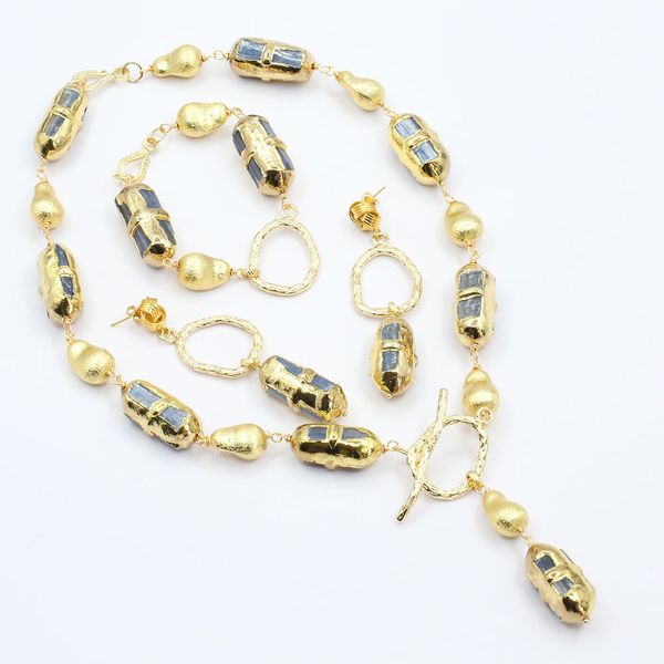 

natural blue kyanite electroplated edge gold plated brushed bead wrap necklace earrings sets for women, Silver