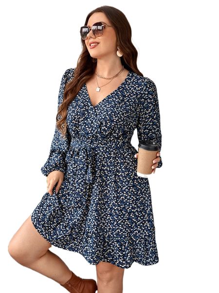 

plus ditsy floral surplice neck belted dress u0mh#, Black