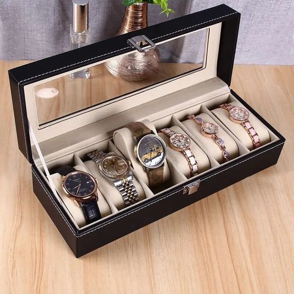

watch boxes cases watch organizer box pu leather watch case holder organizer storage box quartz watches jewelry boxes display men women gift, Black;blue