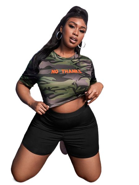 

sxy plus slogan & camo print tee b3qh#, Black