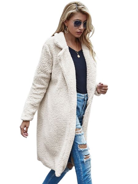 

lapel neck open front teddy coat r34j#, Black