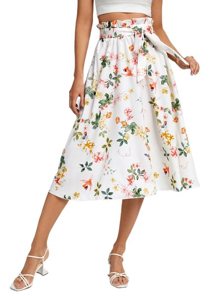 

floral print paperbag waist skirt g1fa#, Black