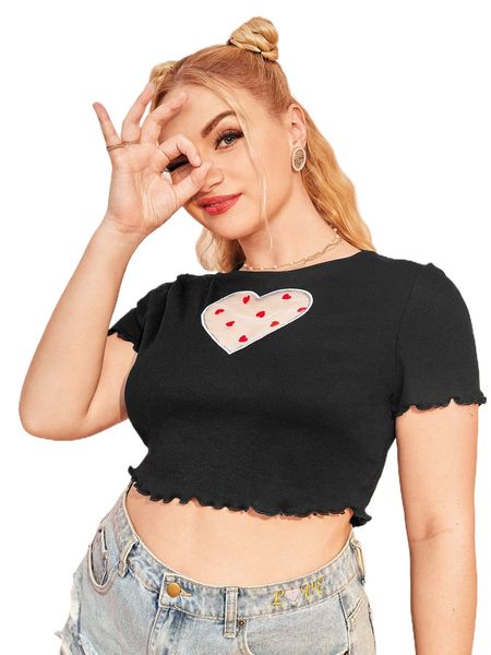 

plus heart pattern lettuce trim tee h1xl#, Black