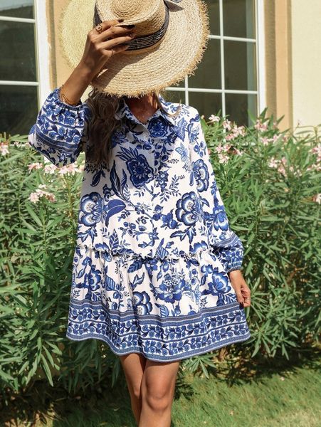 

floral print frill trim smock dress o4fe#, Black;gray