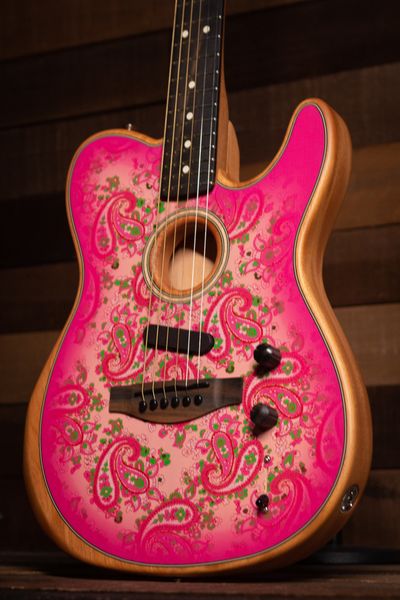 

rare brad pink paisley acousta tele hollow body electric guitar deep c mahogany neck, chrome hardware, vintage tuners