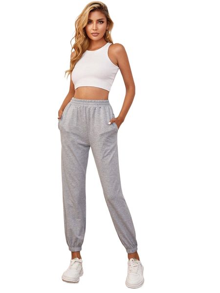 

solid slant pockets sweatpants 31v0#, Black;white