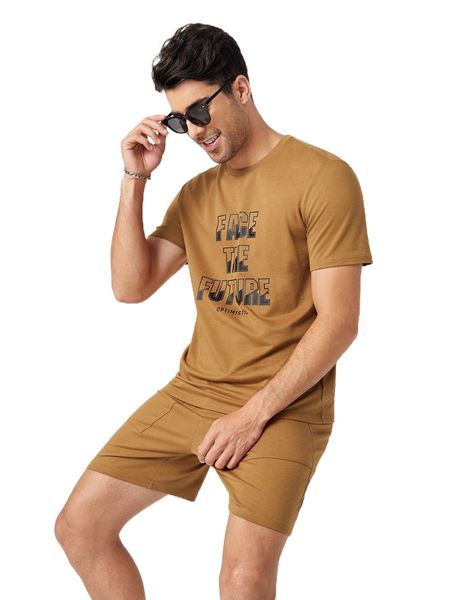 

men slogan graphic tee & shorts set n41c#, Gray