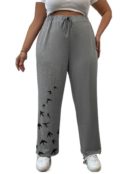 

plus bird print knot pants x7u9#, Black