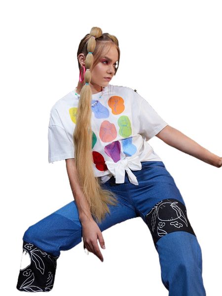 

x primavera vintage figure graphic tie front t-shirt e1on#, White