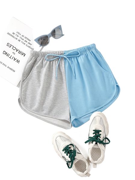 

two tone drawstring waist track shorts q270#, White;black