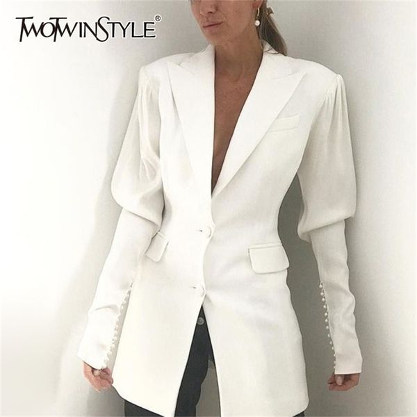 

white elegant patchwork beading womens blazer lapel collar puff sleeve pocket suits female autumn fashion y201026, White;black
