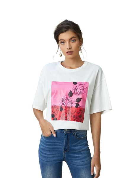 

x vickie chiang drop shoulder floral print tee e0tr#, White