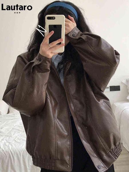 LaUtaro Spring Autumn Oversize Retro preto casaco de couro marrom mulheres zíper de manga longa Longo casual Casual Coreano Roupas 2022 L220728