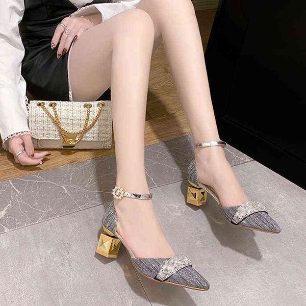

dress shoes jmprs pointed toe shiny crystal pumps women 2022 summer pearl buckle high heels woman silver glitter gold heel party 220507, Black