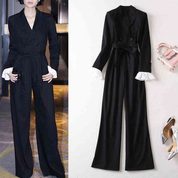 

women's jumpsuits rompers autumn women's wear contrast flare sleeve suit collar double breasted high thin striped jumpsuit women, Black;white