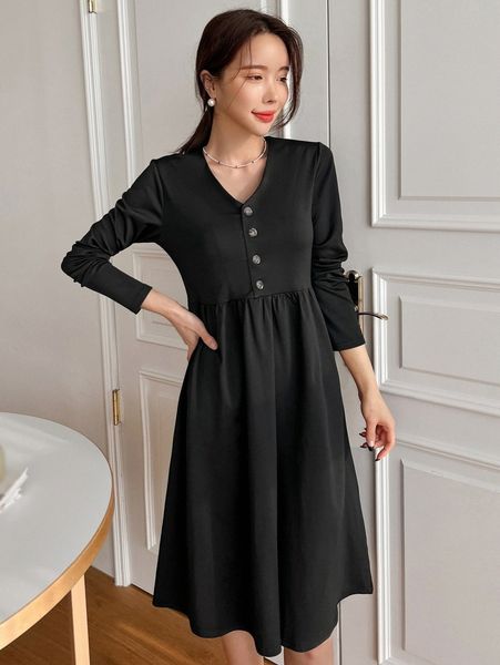 

dazy button front v-neck smock dress 90gi#, Black;gray