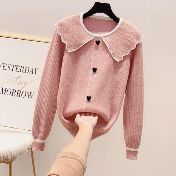 Maglieria da donna Tees Pink Love Fall Fashion Pullover Maglione a maniche lunghe Cappotto allentato Giacca da ragazza in tessuto casual Colletto blu scuro Abbigliamento per Wo