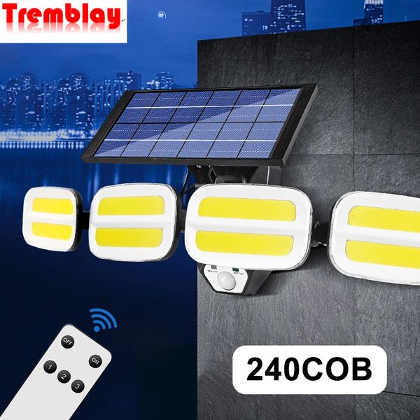 240 COB SOLAR LUZ AO ANTERIOR LUZ FORA CABEÇA ângulo amplo Sensor de movimento de movimento à prova d'água Lâmpada de parede do holofote de holofotes para o caminho Garage Yard Street Lâmpadas de rua