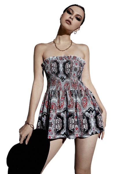 

frill trim paisley print ruffle hem shirred tube d2ea#, White