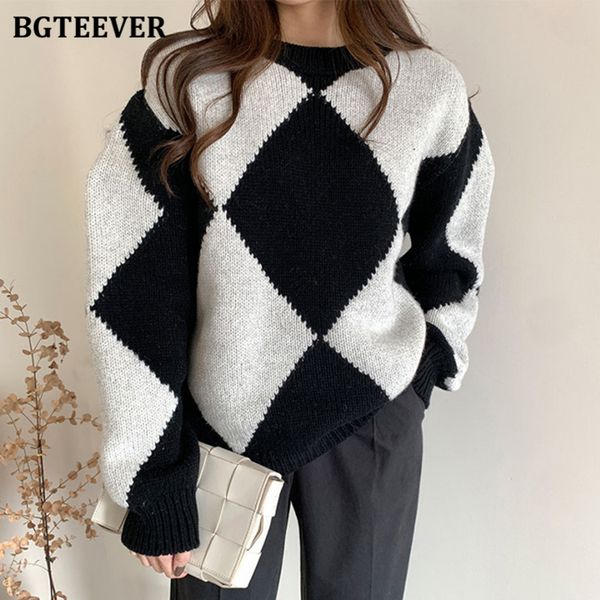 

thicken loose argyle women sweaters pullovers o-neck full sleeve ladies knitted jumpers 2021 autumn winter knitwear, White;black