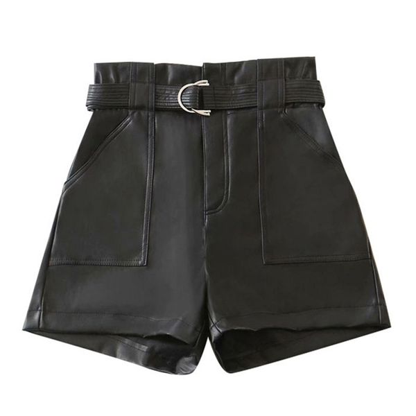 

traf women chic fashion with belt faux leather shorts vitnage high waist zipper fly pockets female short pants mujer 220629, White;black