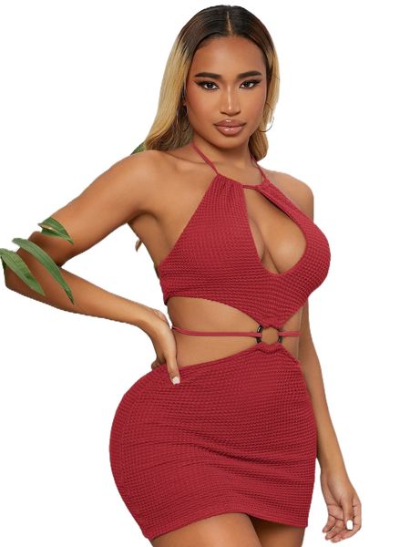 

sxy waffle knit cutout ring detail open back dress f6vn#, Black;gray