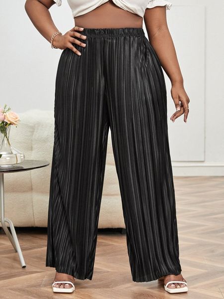 

plus elastic waist wide leg pants o6ib#, Black