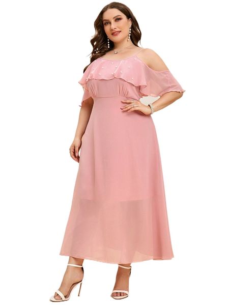 

plus pearls beaded cold shoulder ruffle detail dress d5eu#, Black