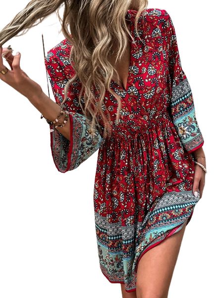 

floral print surplice n.eck knot front f.lounce s.leeve d.ress p8bt#, Black;gray