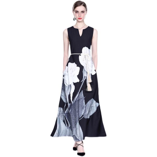 

fashionable vneck sleeveless print temperament slim long dress, Black