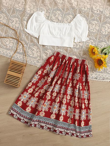 

girls frill trim puff sleeve crop & floral print skirt she, White