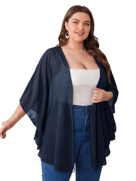 

plus plain sheer mesh kimono v5kb#, Black;gray