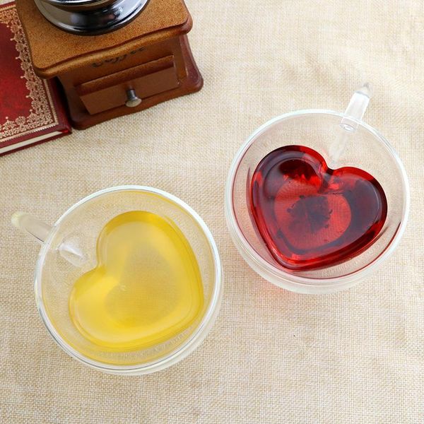 Xícaras picadas de coração amor em forma de parede dupla caneca de vidro resistente a kungfu leite suco de suco de copo de bebida amante de café giftcups sinos