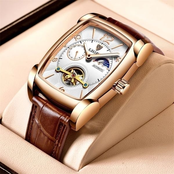 

lige brand luxury mens watches square automatic for men clock genuine leather waterproof mechanical 220530, Slivery;brown