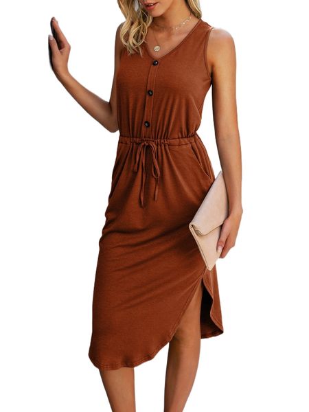 

drawstring waist hidden pocket asymmetrical hem tank dress s5cc#, Black;gray