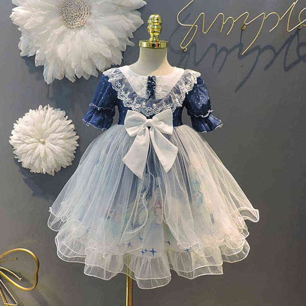 Süße Kleinkind Mädchen Lolita Kleider Sommer Baumwolle Kurzarm Blumendruck Kinder Prinzessin Kleider Großer Bogen Mode Kinder Outfits AA220326