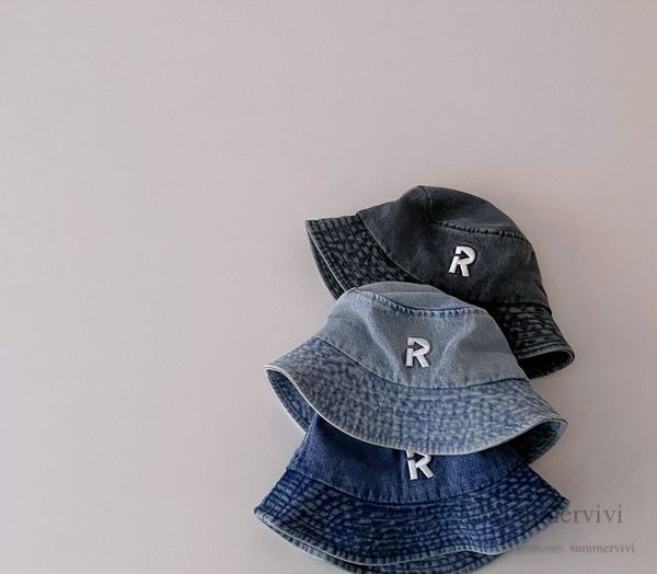 

summer girls denim hats kids letter embroidered cap children fisherman hat boys girls big brim pot hats cowboy beach visor cap q7338, Yellow