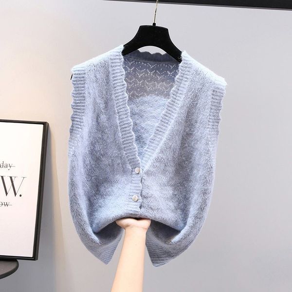 

2022 wave v-neck knit sleeveless sweater short vest loose spring coat waistcoat lady cloth for women girl blue, White;black